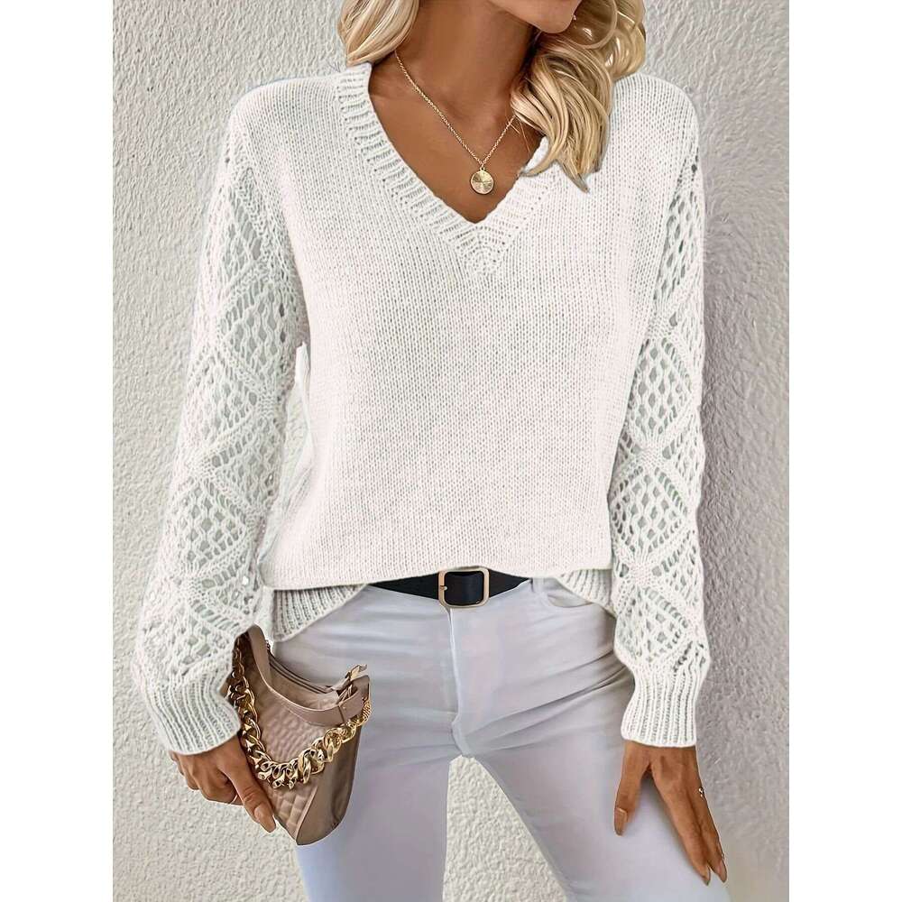 Spring and Autumn Hollow Knitted Sweater Women's Pullover Long Sleeve Crochet Jacquard Loose V-neck Base Shirt