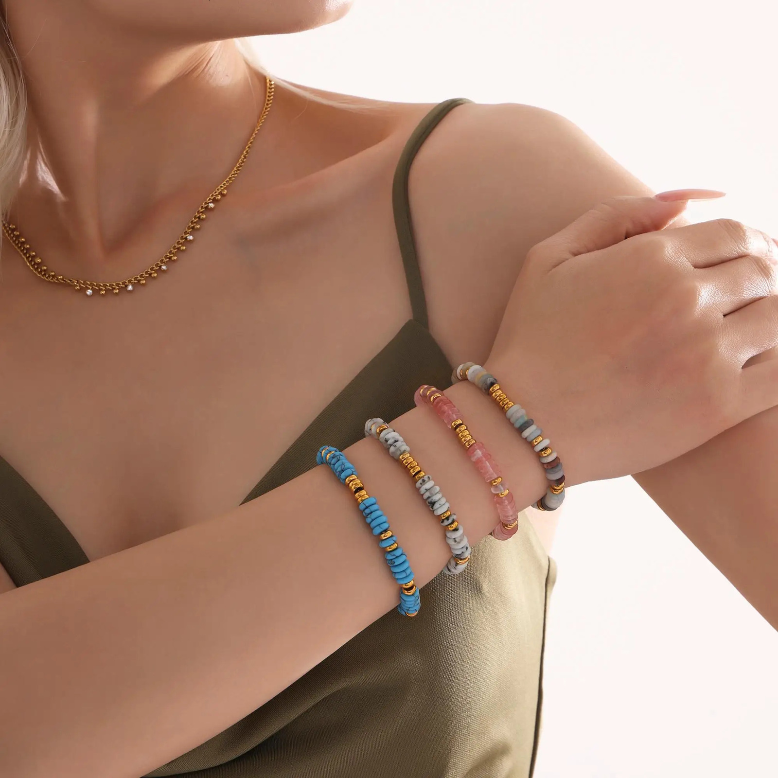 Fashion Multicolor Natural Stone Bracelet Womens Stainless Steel Gold Plated Handmade Beaded Bangle Female Trend Jewelry Gift 260202