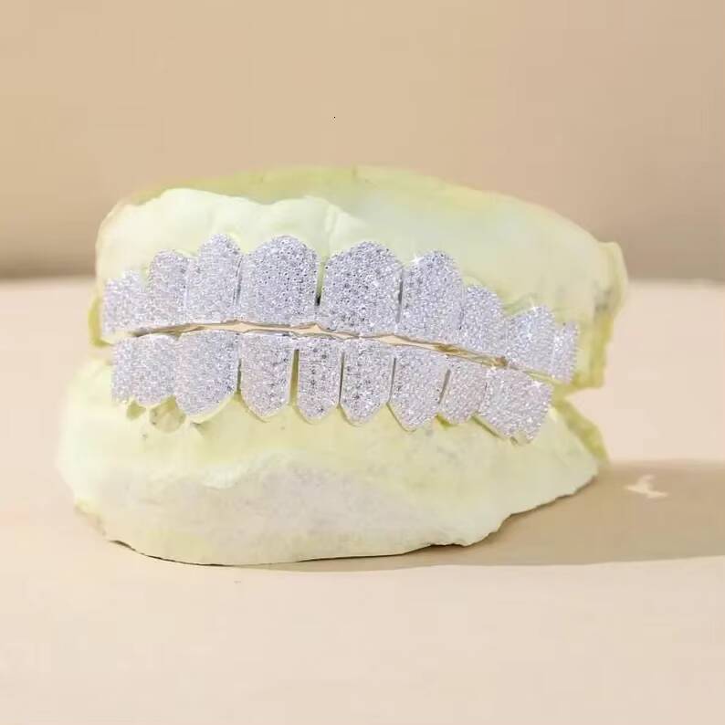 Hip hop jewellery moissanite iced out full teeth grillz silver finish custom luxury unisex street style bold shine