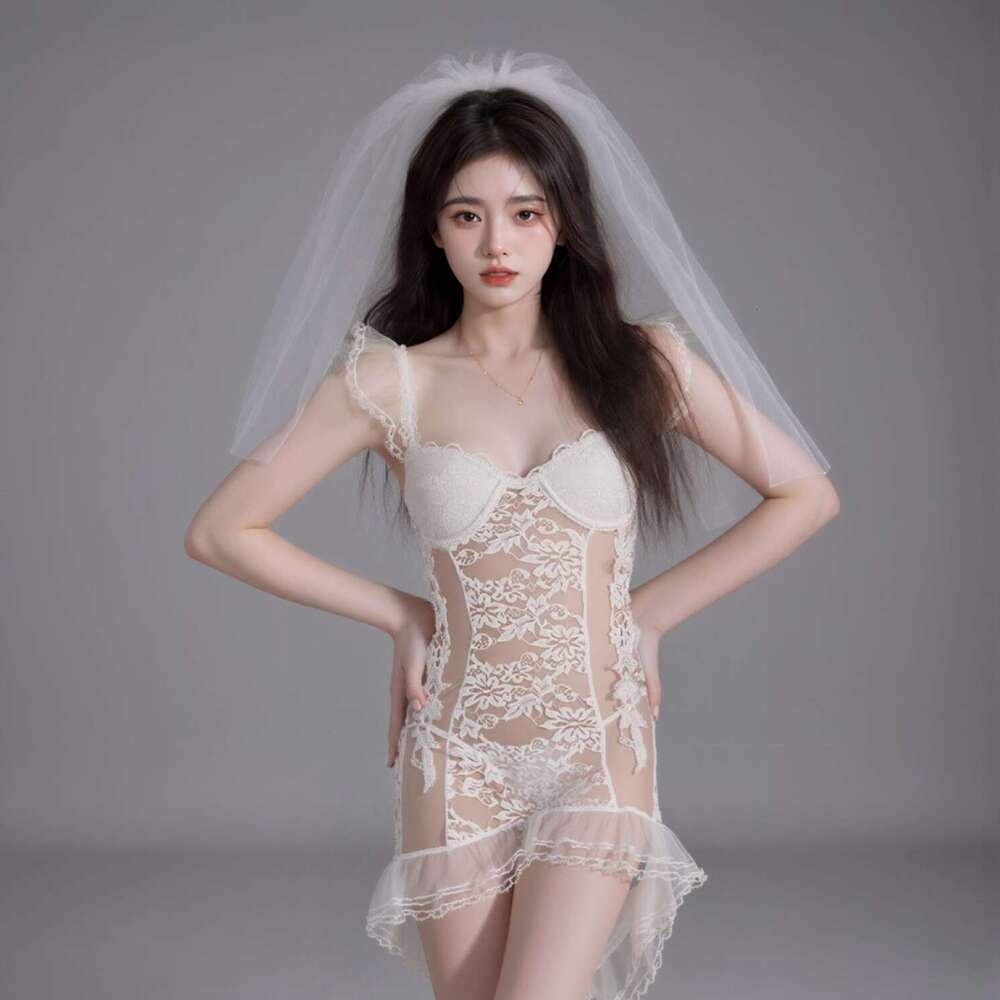 Elegant White Bridal Lace Nightdress Women Sheer Wedding Nightgown with Built-in Bra & Veil, Romantic & Sexy Lingerie for Honeymoon & Special Moments
