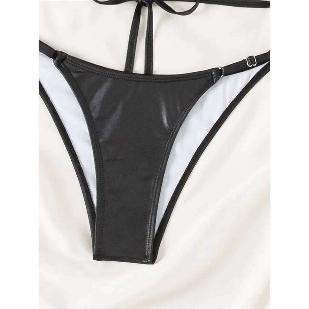 XS - L PU Faux Leather High Cut Female Swimsuit Women Swimwear Two-pieces Bikini Set Halter Bather Bathing Suit Swim Lady C260207