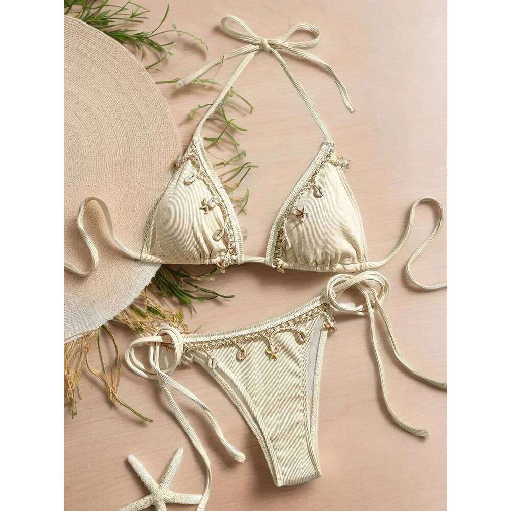 Shell Decoration Ribbed Women Swimwear Female Swimsuit Two-pieces Bikini Set Halter Strappy Bather Bathing Suit Swim Lady C260207