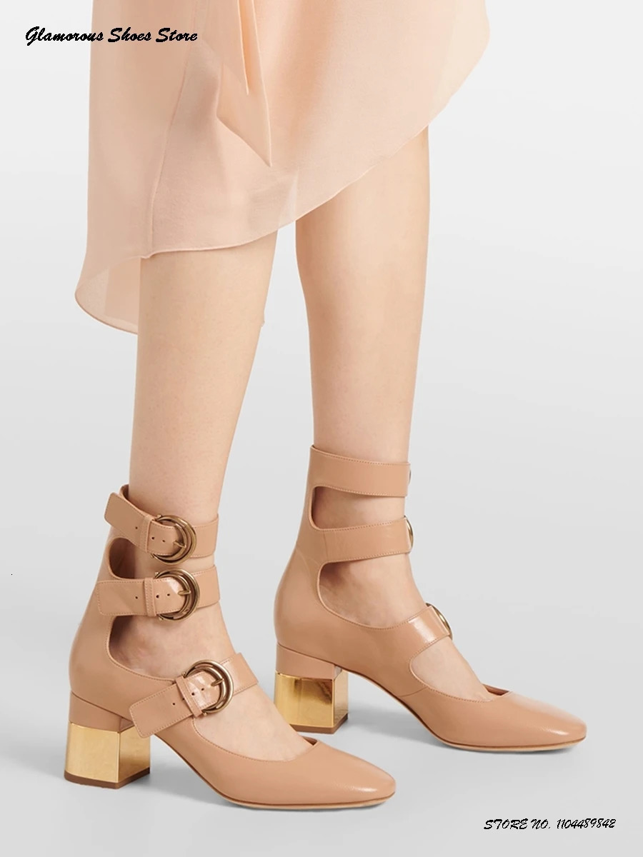 65cm Genuine Leather Mary Janes Shoes Square Toe Block Heel Belt Buckles Pumps Spring Summer Fashion Womens Party Dress 260208