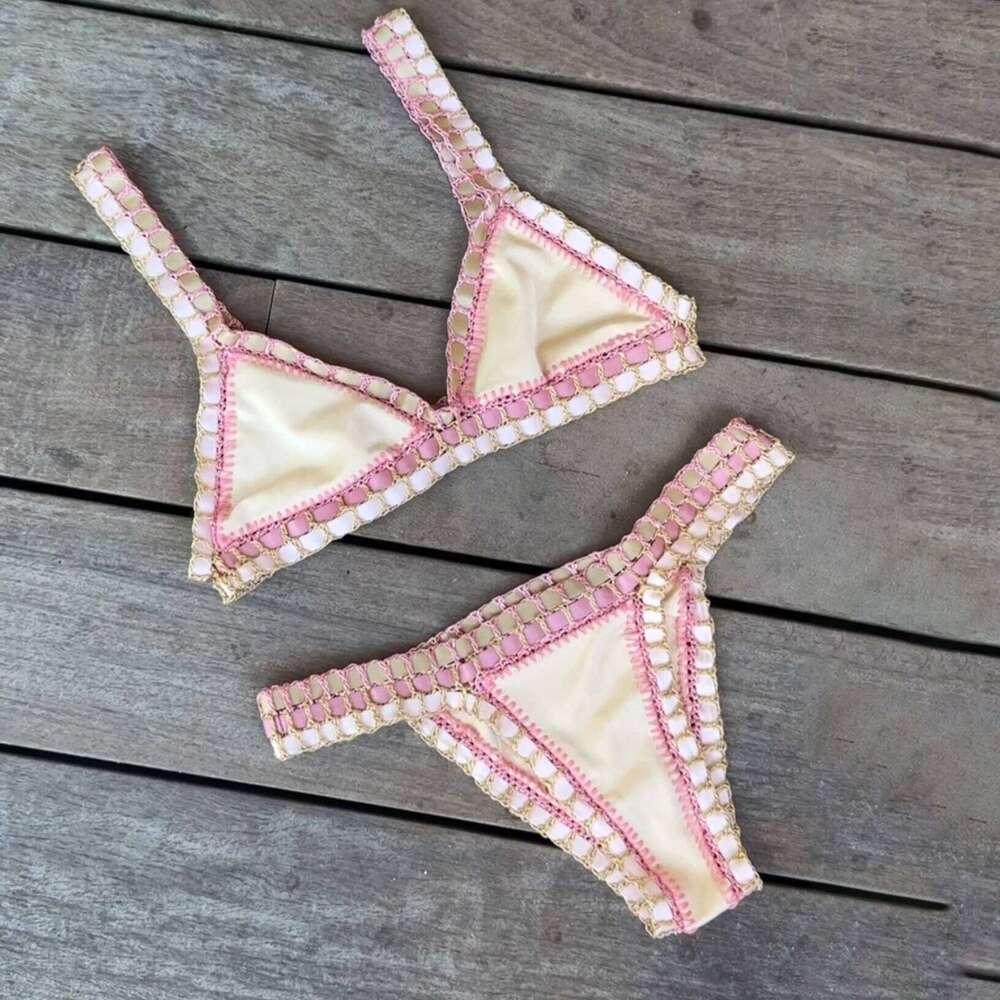 Pink Crochet 2025 Sexy Women Swimsuit Female Swimwear Micro Bikini Set Bandeau Swimming Suit Beachwear Brazilian Biquini C260207