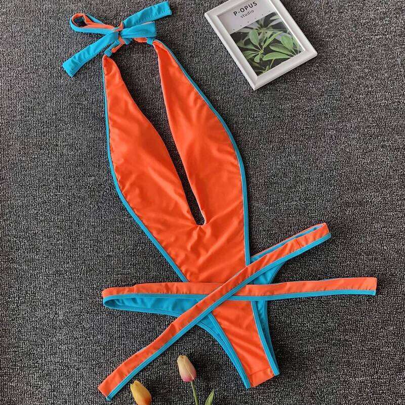 Sexy One Piece Swimsuit Thong Monokini Swimwear Women 2023 New Backless Cut Out Halter Bandage V Neck Plunging Bathing Suit C260207