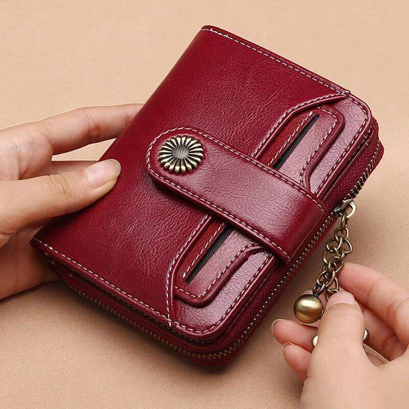 Genuine Leather Short Zipper Cowhide Wallets with Chain Cute Small Coin Purse Money Bag Wallet for Women Y260206