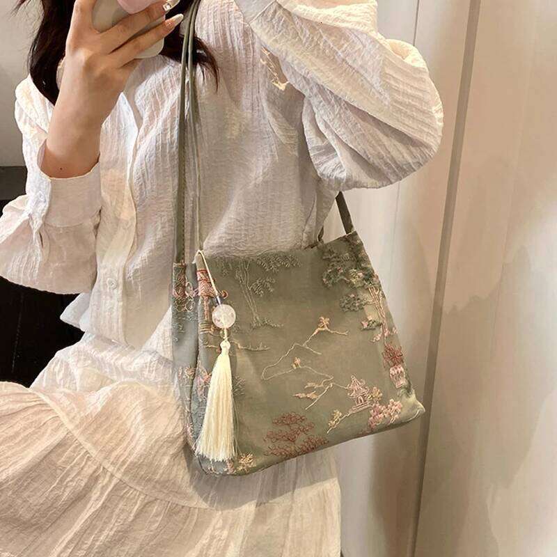 New Chinese Style Shoulder Retro Silk Tassel Bucket Bag Fashion Handbag Large Capacity Women's Casual Crossbody Bags