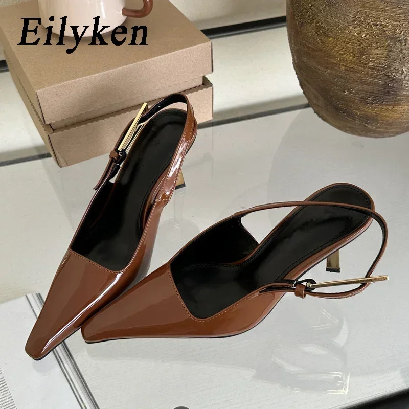 Eilyken Street Style Sexy Pointed Toe Metal Buckle Strap Women Pumps Stripper Sandals Slingback High Heels Female Shoes 260208