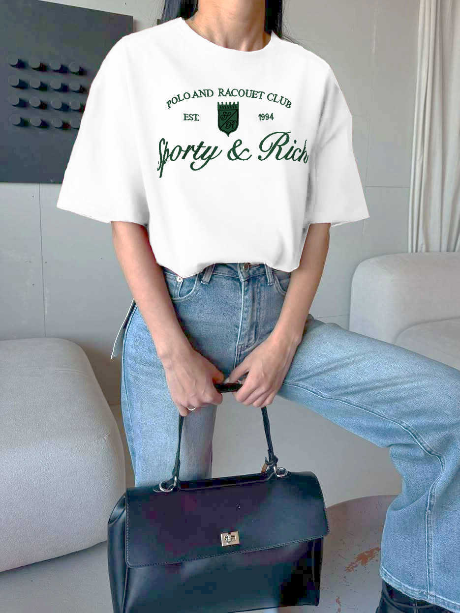 American-Style Basic Versatile Short-Sleeve T-Shirt for Women Summer Euro-American Style Versatile Letter Embroidery Contrast-Color T-Shirt Wholesale