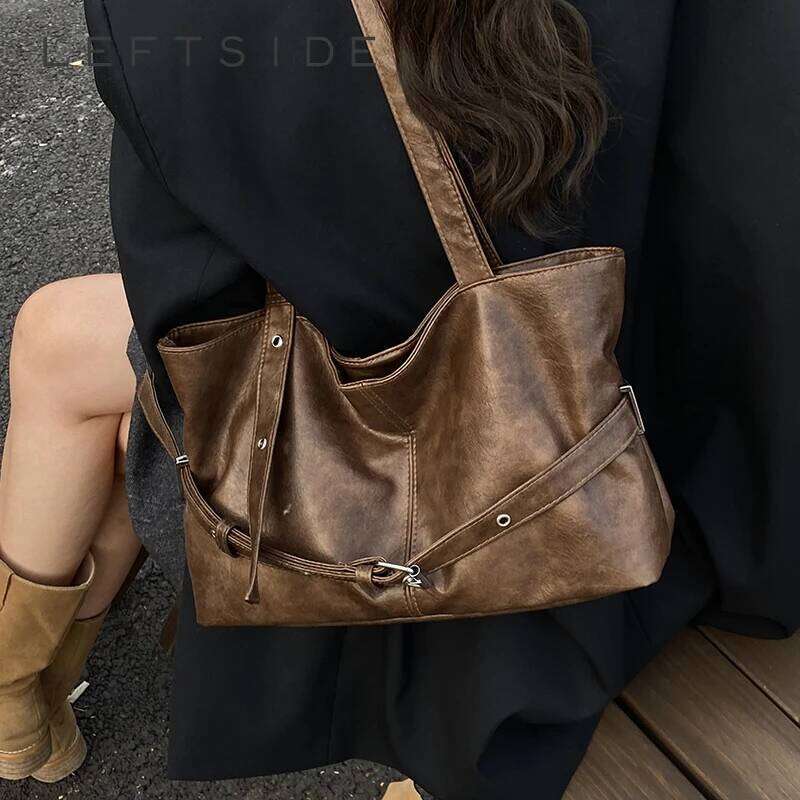 LEFTSIDE Women PU Leather Large Capacity Shoulder 2025 Winter Retro Solid Color Tote Bag Luxury Designer Female Handbags C260207