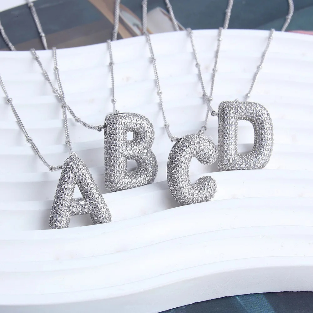 Light Copper Silvery-Plated Zircon Pendant American Simple Collarbone Chain 26 A-Z Balloon Letter Necklace For Women 260124