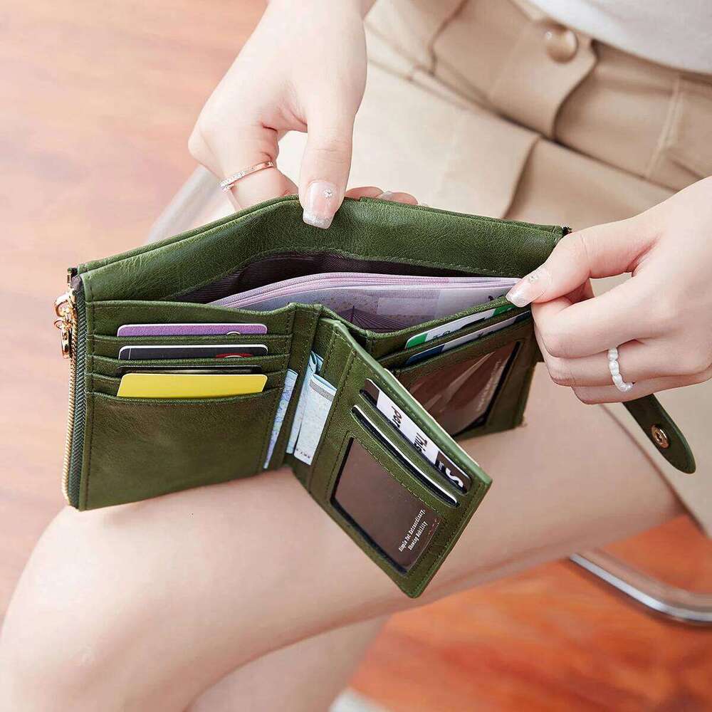 Retro Wallet Women's Short Three fold Large Capacity Double Zipper ID Credit Card Holder Minimalist Solid Color Lady Coin Purse Y260206