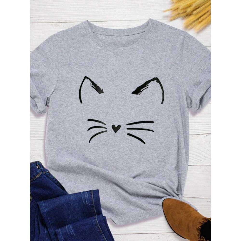 Cat Face Print T Short Sleeve O Neck Loose Women Tshirt Ladies Tee Shirt Tops Clothes Camisetas Mujer C260207