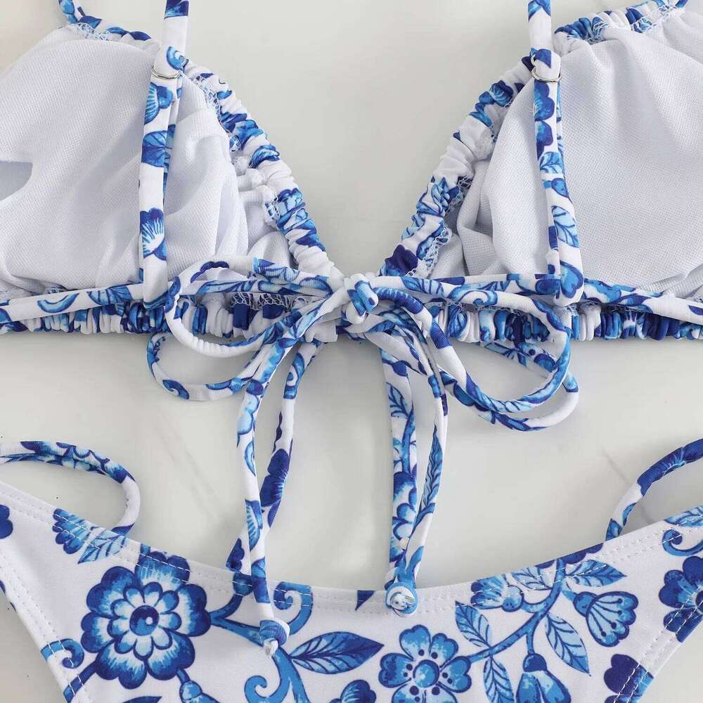 sexy floral print micro blue and white porcelain swimwear swimsuit women biquini thong bikini set bathing suits C260207