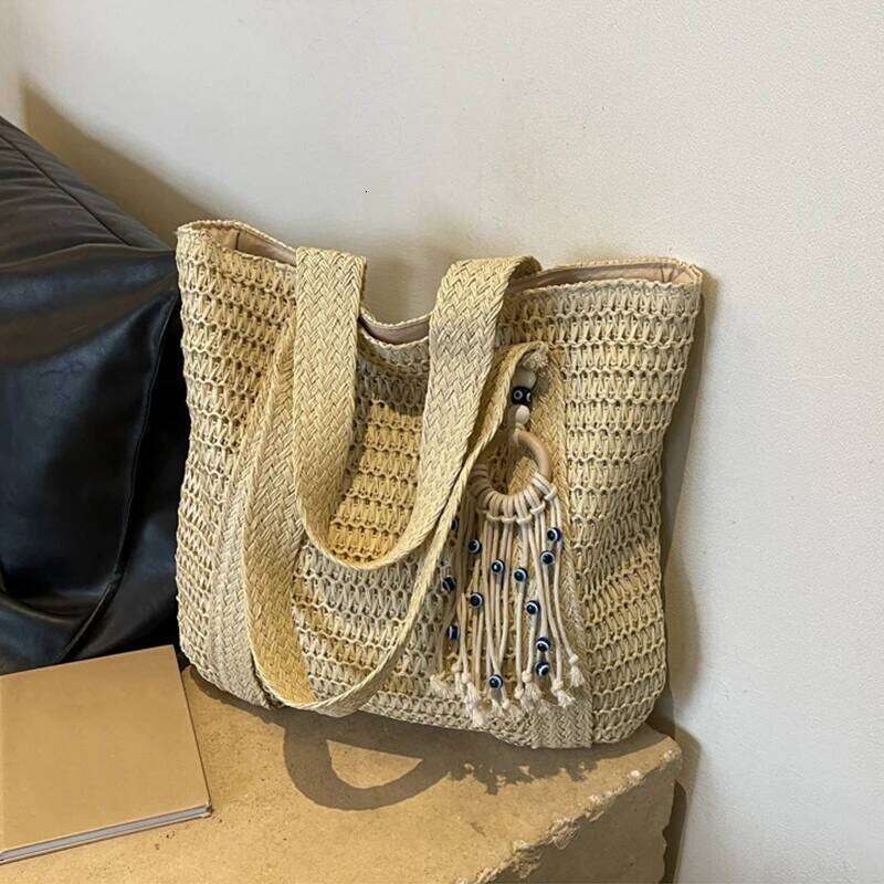 Summer Straw Woven Tote High Capacity Portable Shoulder Bag for Beach Tourism And Vacation Popular New Trend C260207