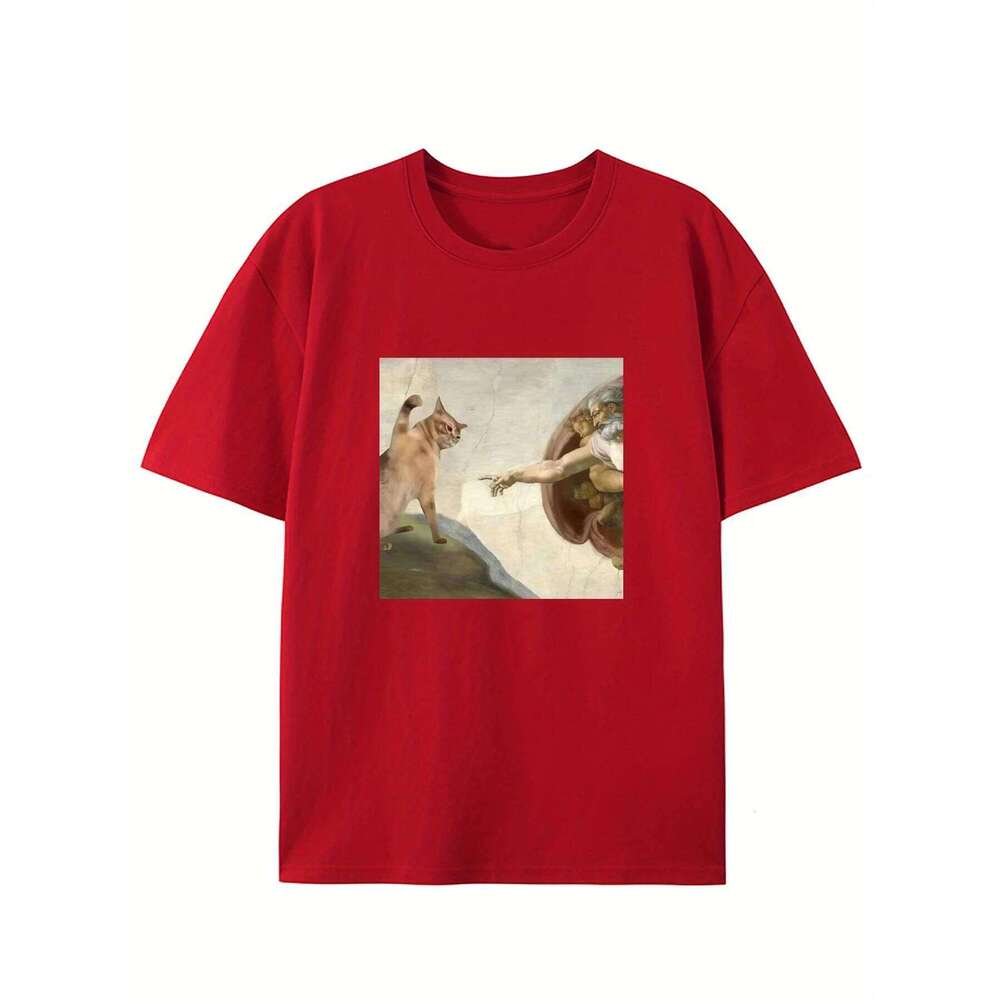 Humorous Cat and Adam Creation Parody Graphic T-Shirt Crew Neck Tee Fit Short Sleeve for Adult Summer Casual Fashion Top C260207