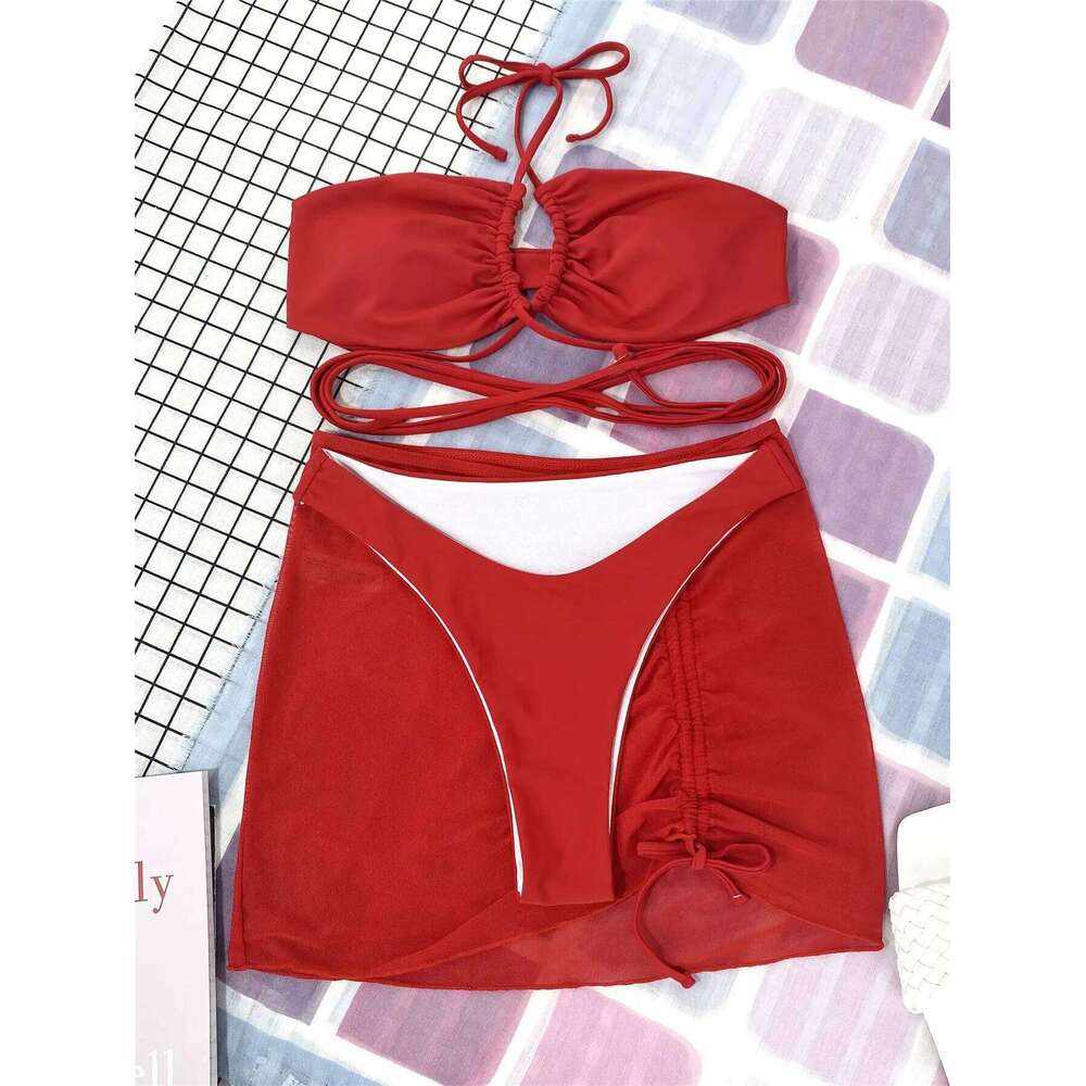 3 Pieces Criss Cross Halter Bikini 2025 Women & Beach Skirt Swimwear Female Sexy Swimsuit Beachwear Bathing Swimming Suit C260207