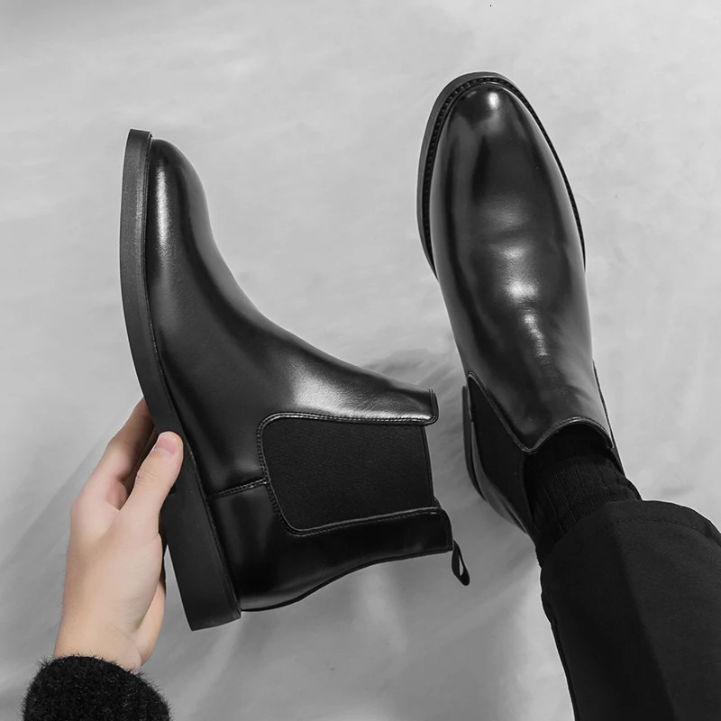 British and Korean style trendy mens casual hightop leather shoes brock riding boots Chelsea pointed business ankle 260208