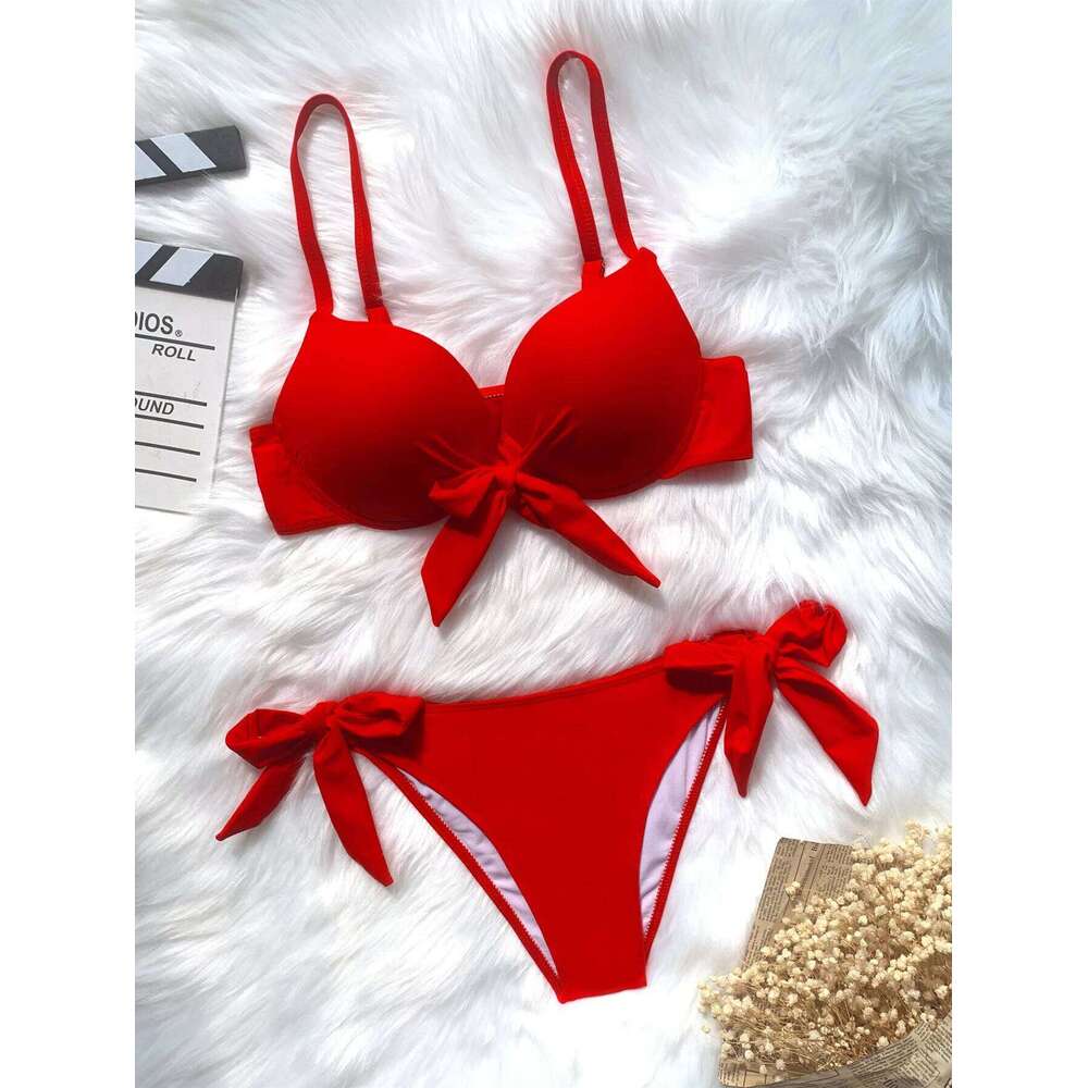 sexy front bow knot push up bikinis two pieces solid tie swimsuit Swimwear Biquini conjunto de bikini tankini C260207
