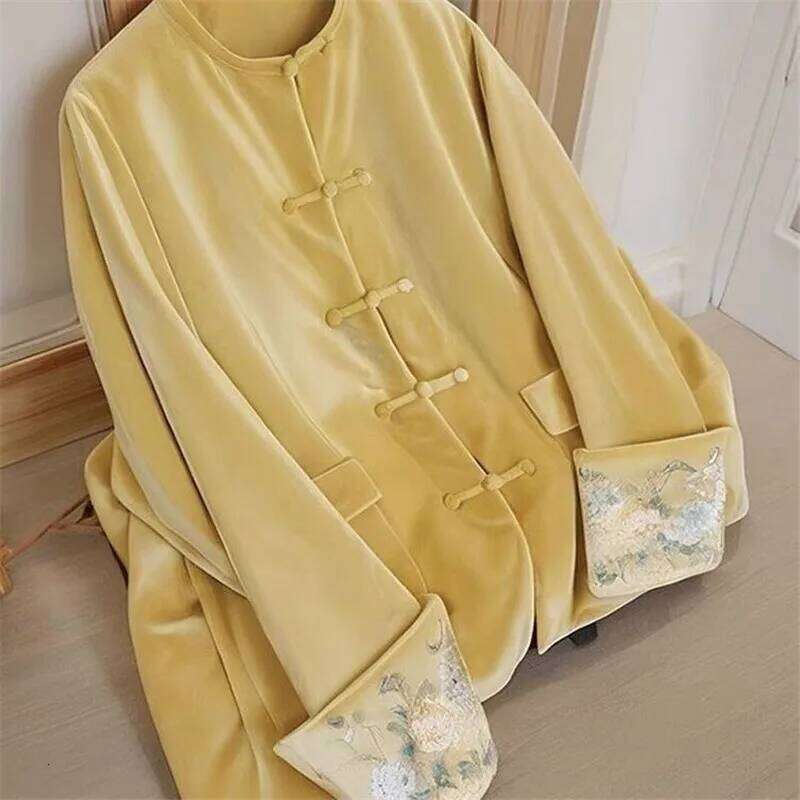 Limiguyue New Chinese Style Dopamine Purple Velvet Jacket Women High-End Embroidery Coat Retro Buckle Outwear Autumn Winter 777P
