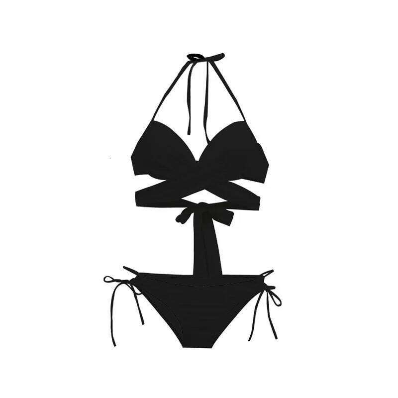 sexy Korean fashion bandage halter cross sets two pieces solid black and white swimsuit bikinis padded swimwear C260207