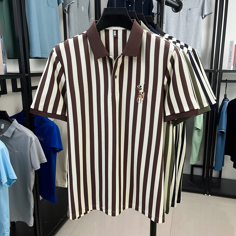 Free shipping 2026 summer new short sleeved striped light luxury casual embroidered pony lapel polo shirt