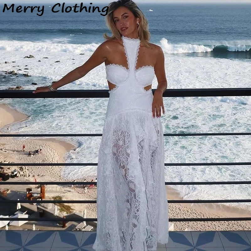 Sexy Lace Patchwork Dress Women Hollow Out Sleeveless Party Club Long Skirt See Through Halter Evening Gown Vacation Lady Robes 260122