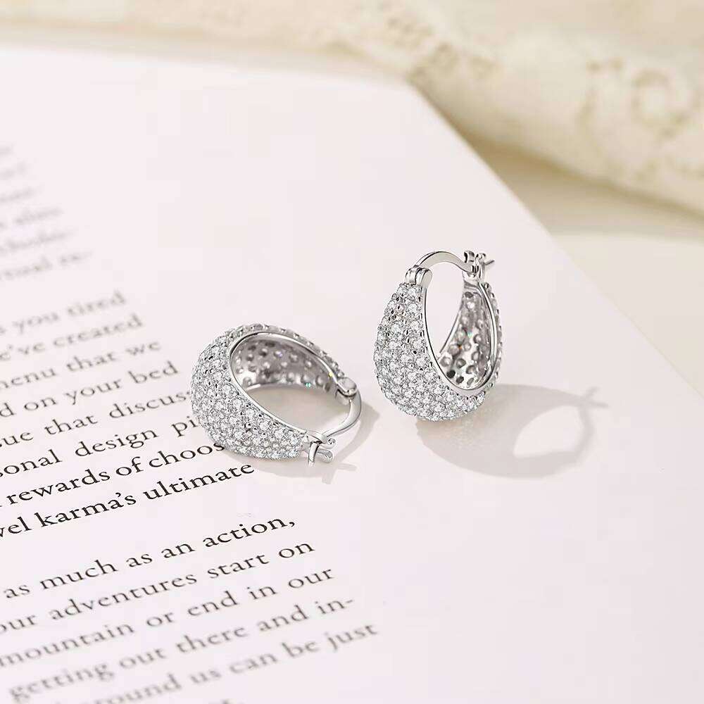 Customizable S925 Sterling Silver Wide Huggie Earrings Full Pav Moissanite Elegant Sophisticated Bohemian Jewelry Women Gift