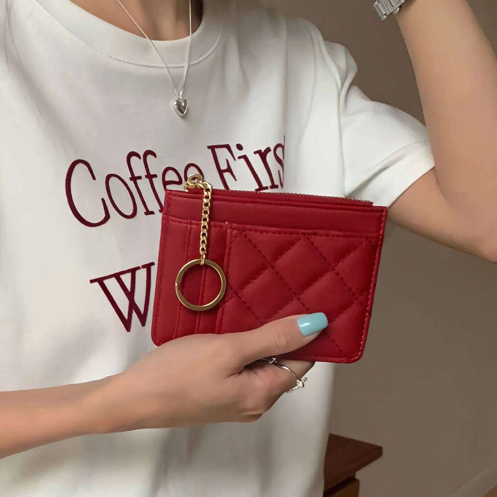 Quilted minimalist ringui mini wallet - bag with multiple card slots and ID holder, zipped coin purse, faux leather-tan Y260206