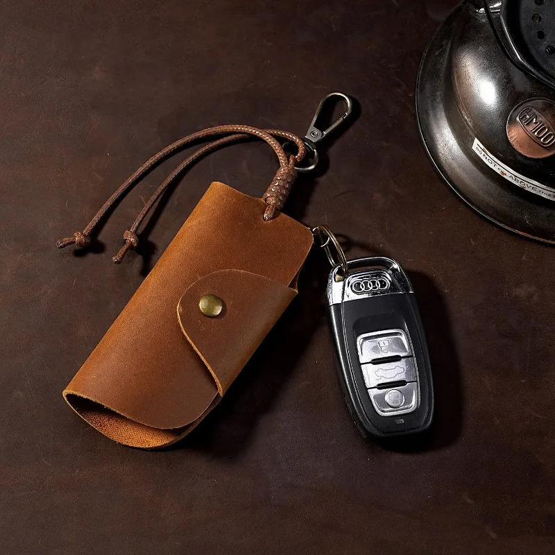 Crazy Horse Leather Key Pouch Universal Car Key Cover with Anti-Scratch Genuine Leather Key Storage Bag for Auto Keys 260129