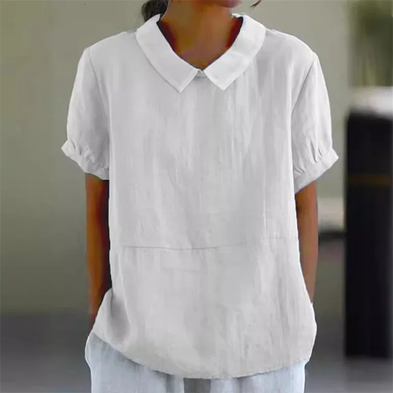 Solid Color Cotton Linen Lapel Pullover Shirt Women Summer Short Sleeve Blouse Female Comfortable Casual Simple Style Tops 260207