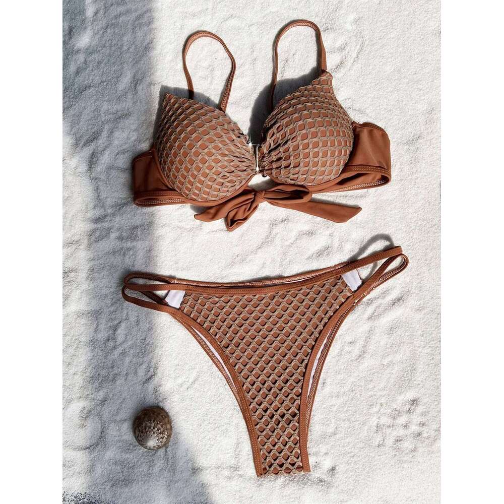 sexy coffee lattice push up bikinis sets two pieces 2024 women tie backless high waist swimsuits bathing suits biquini tankini C260207