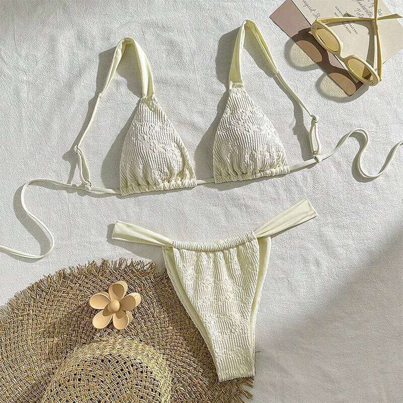 White Flower Embossing Sexy Swimsuit Women Micro Thong Bikini Swimwear 2025 Bathing Suit Lace-up Triangle Bikinis Sets Mujer C260207