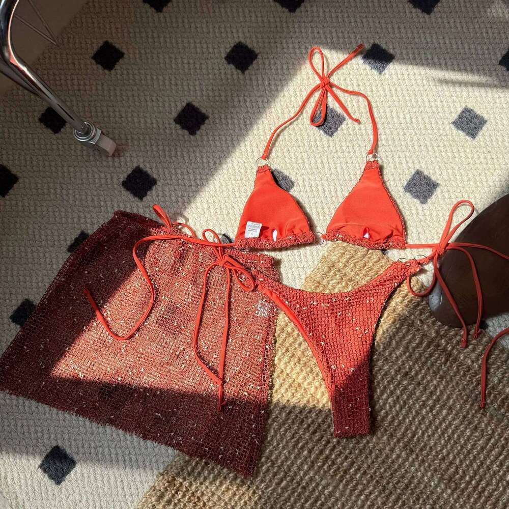 With Mesh Sarong Skirt Halter Women Swimwear Female Swimsuit Three-pieces Bikini Set Fishnet Bathing Suit Swim Beachwear C260207