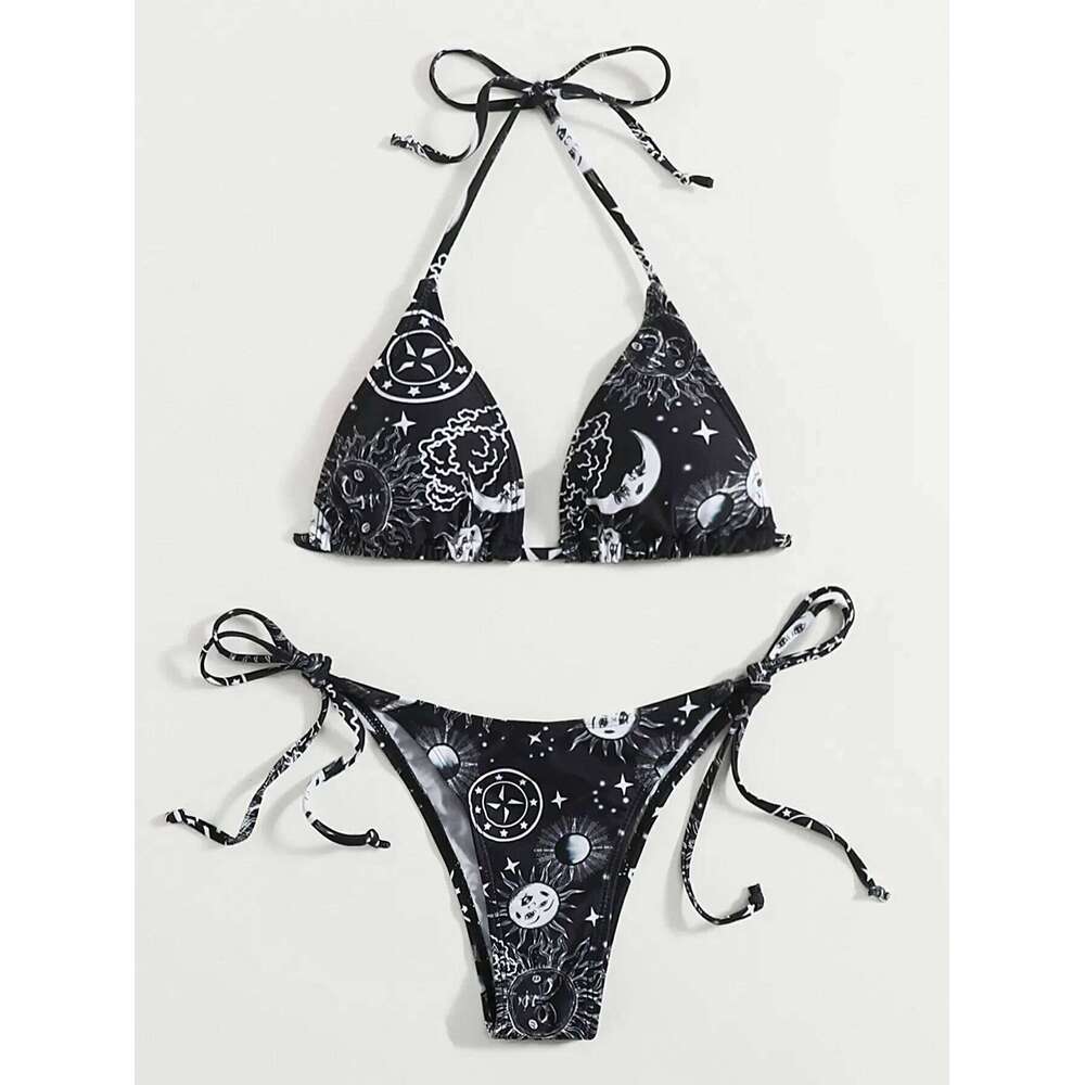 sexy gothic print black triangle set separate high waist thong Swimwear Biquini conjunto de bikini tankini beachwear C260207