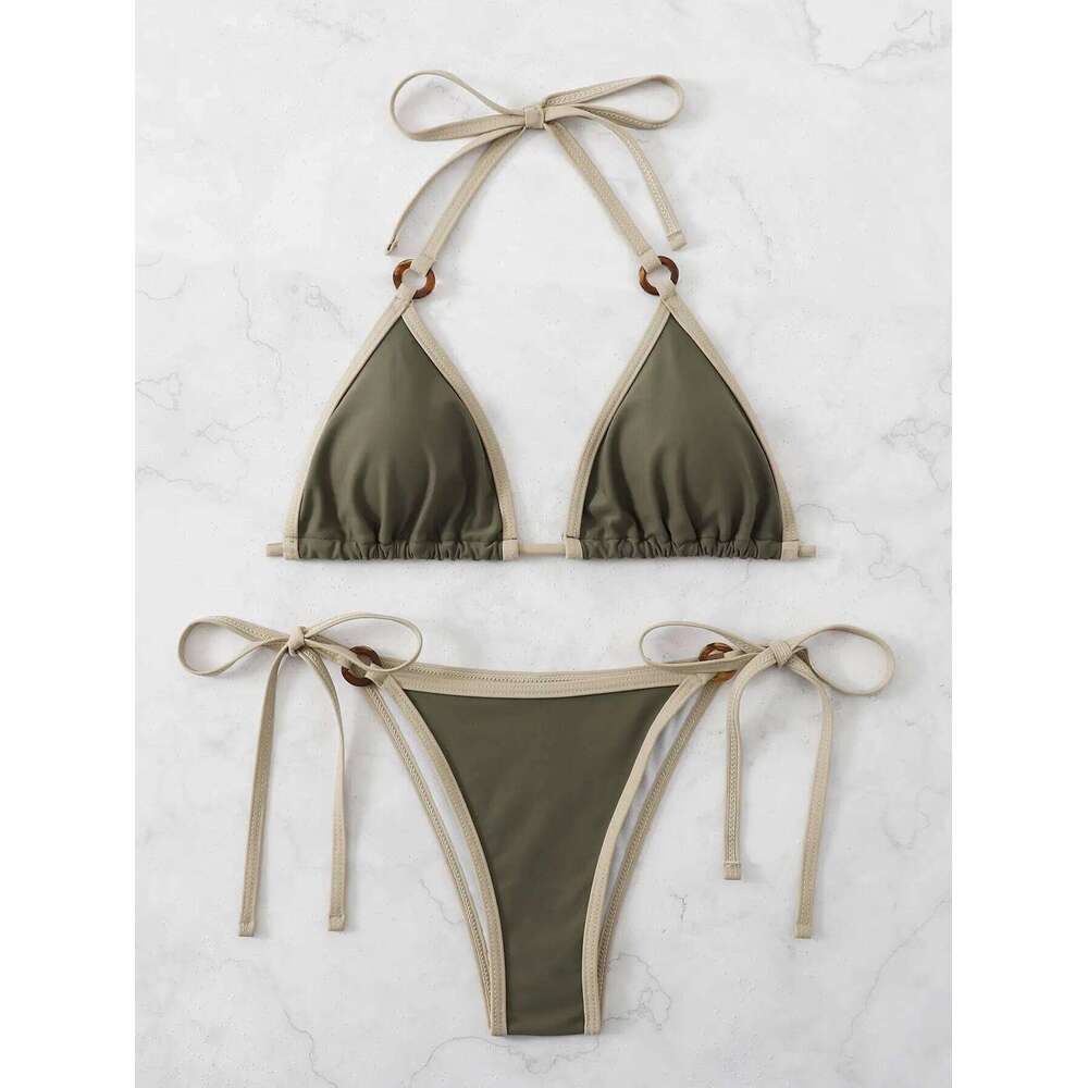 Contrast Binding Ring Bikinis 2025 Women Sexy Halter Swimsuit Triangle Swimwear Female Bathing Suit Swimming Summer Beachwear C260207