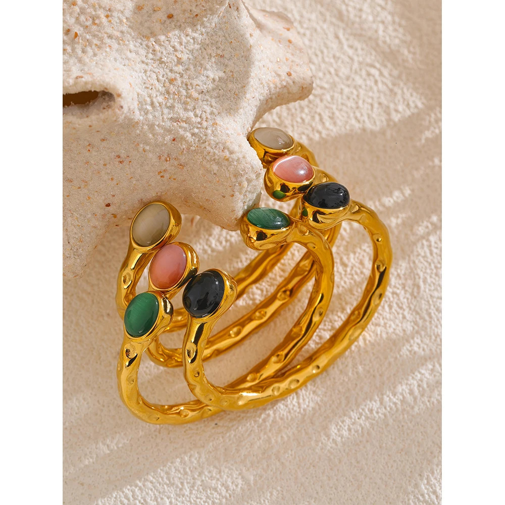 Yhpup 62mm High Quality Stainless Steel Multicolored Natural Stone Golden Cuff Open Bracelet Bangle Water Resistant Jewelry 260202