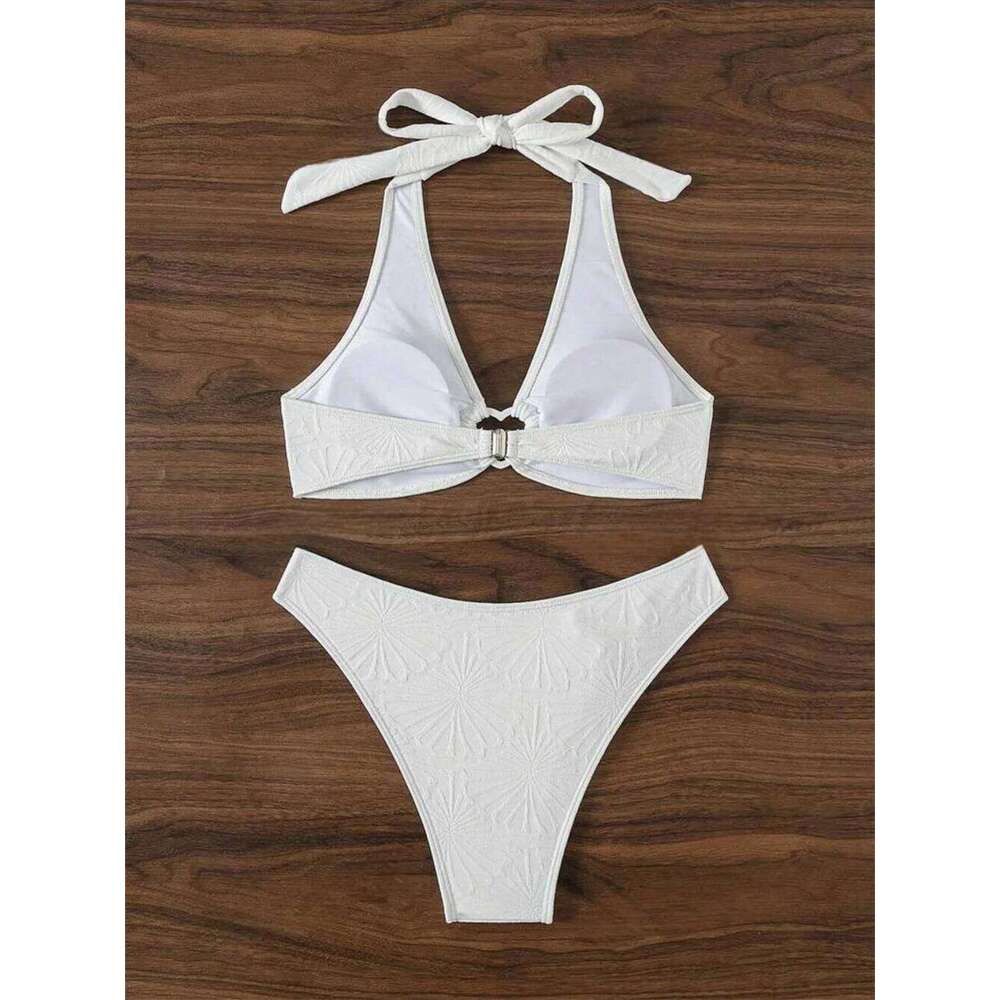 Floral Jacquard Heart Bikini White Y2K Triangle Halter Bandage Push Up Swimsuit Tanga Women Backless Vacation Swimwear Beach Set C260207