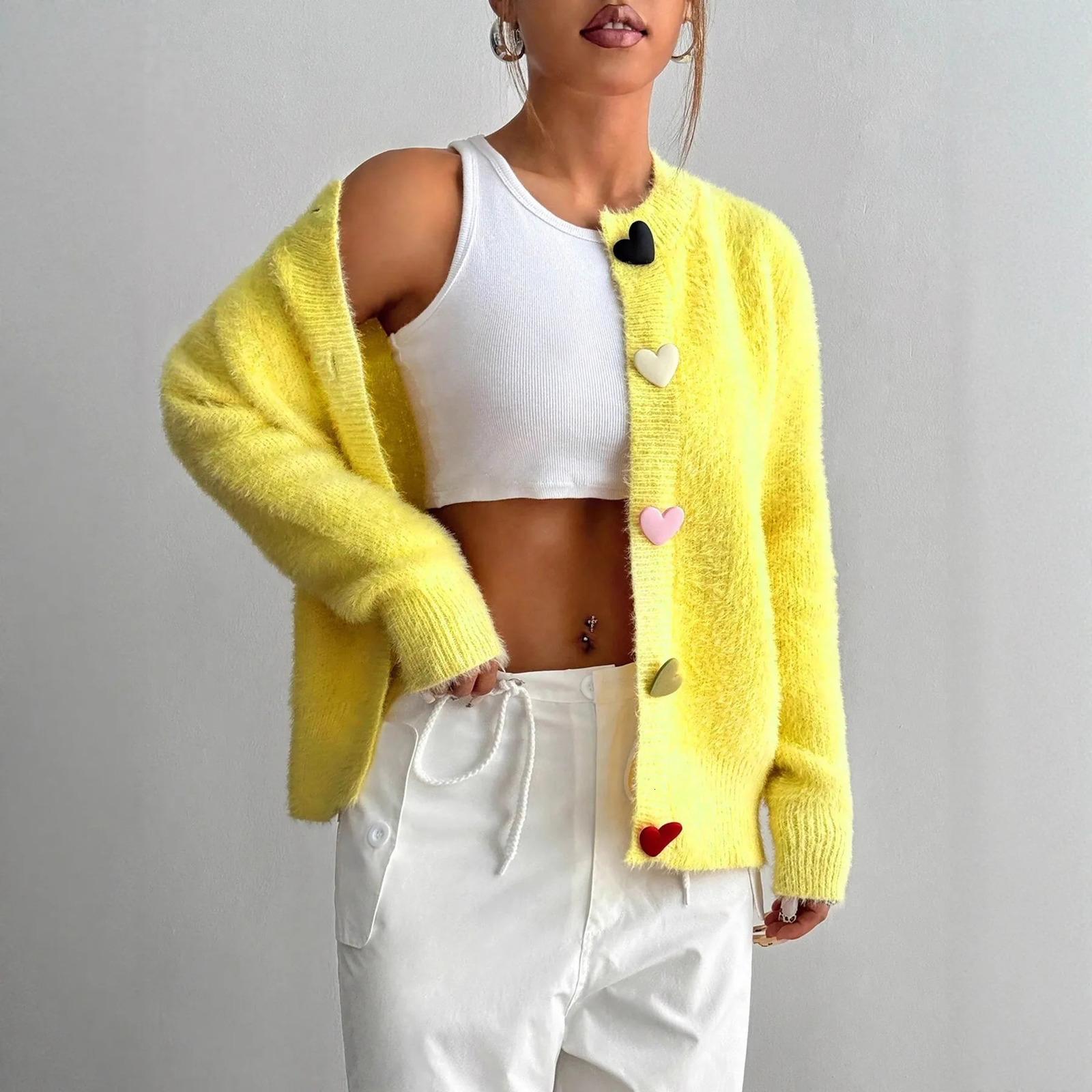 Autumn Winter Fashion Yellow Cardigan Women Heart Button Long Sleeve Knit Sweater Outerwears 260122