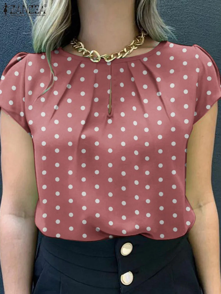 Summer Tunic Tops ZANZEA Women Short Sleeve Polka Dots Blouse Work Holiday Shirt Casual O Neck Blusas Female Chemise Mujer 260207