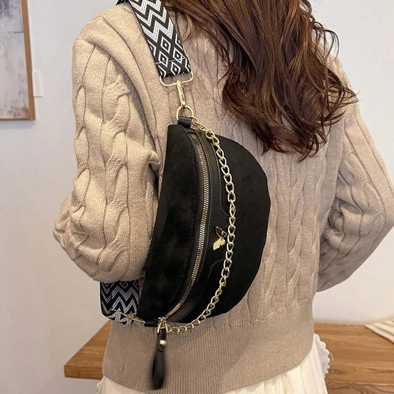 Faux Suede Chest Bag Bohemia Women Waist Bag PU Leather Handbag Chain Waist Pack Adjustable Strap Fashion Shoulder Crossbody Bag 260130
