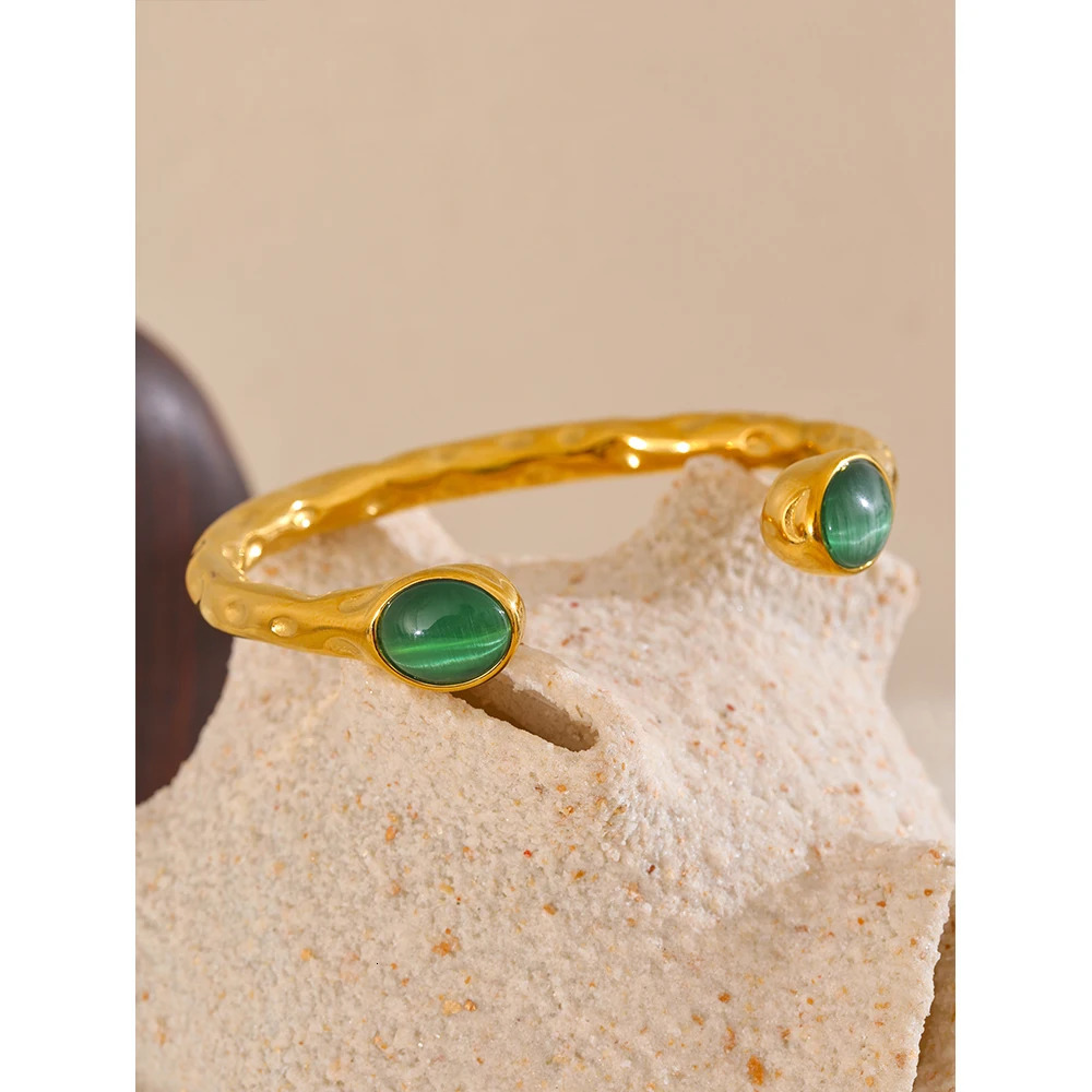 Yhpup 62mm High Quality Stainless Steel Multicolored Natural Stone Golden Cuff Open Bracelet Bangle Water Resistant Jewelry 260202