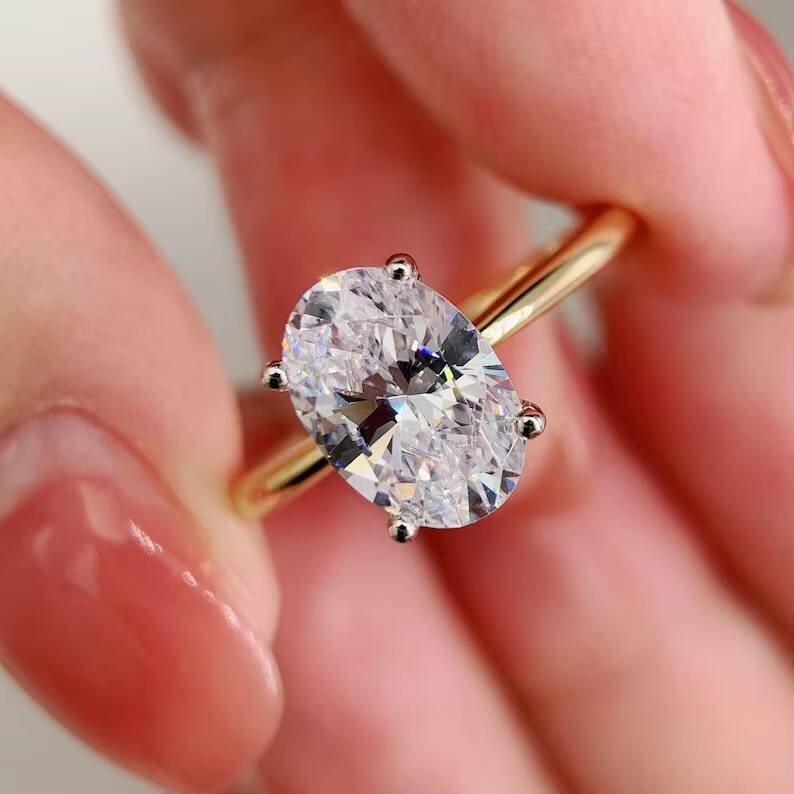 25CT 35CT Oval Cut Simulated Moissanite Solitaire Engagement Ring Two Tone 925 Sterling Silver 14K Gold Plated Rhodium Plated