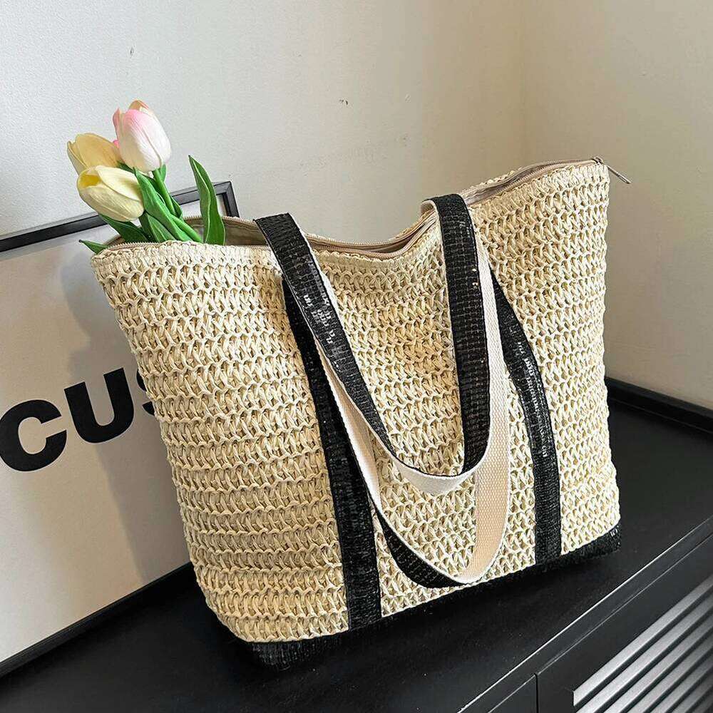 Women Straw Tote Handbag Large Capacity Sequins Weaving Travel Contrast Color Simple Shoulder Ladies Summer Daily Bag C260207