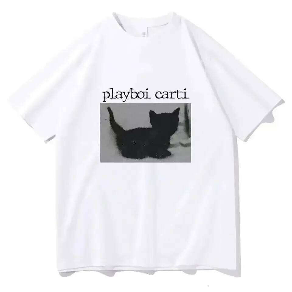 Summer Playboi Carti Oversized Hip-Hop Shirts Cute Cat Harajuku Print Regular Mens Tops Quality Rapper T Shirt Jogging Tee C260207