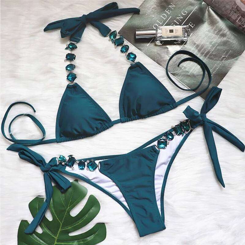Red Rhinestones Sexy Bikinis 2026 Women Swimwear Female Swimsuit Swim Wear Bathing Suits Brazilian Bikini Set Beach Pool Bather C260207
