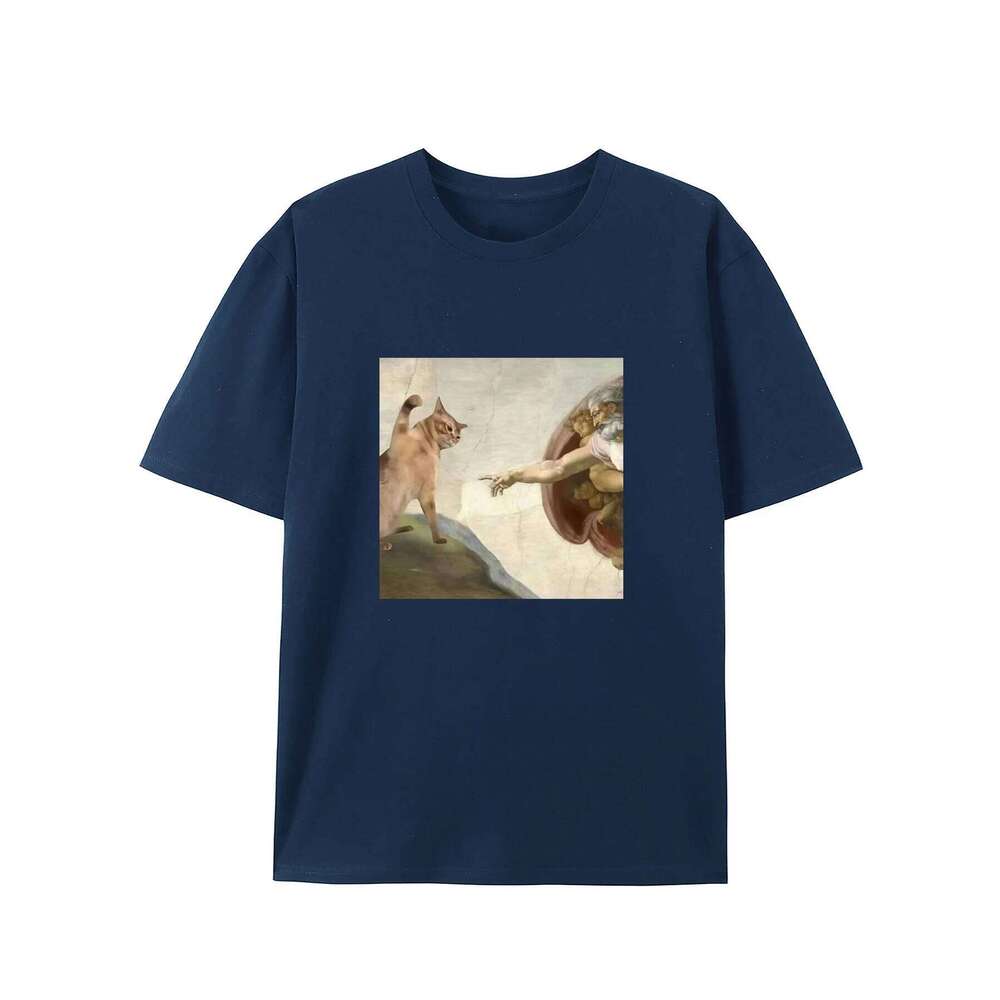 Humorous Cat and Adam Creation Parody Graphic T-Shirt Crew Neck Tee Fit Short Sleeve for Adult Summer Casual Fashion Top C260207