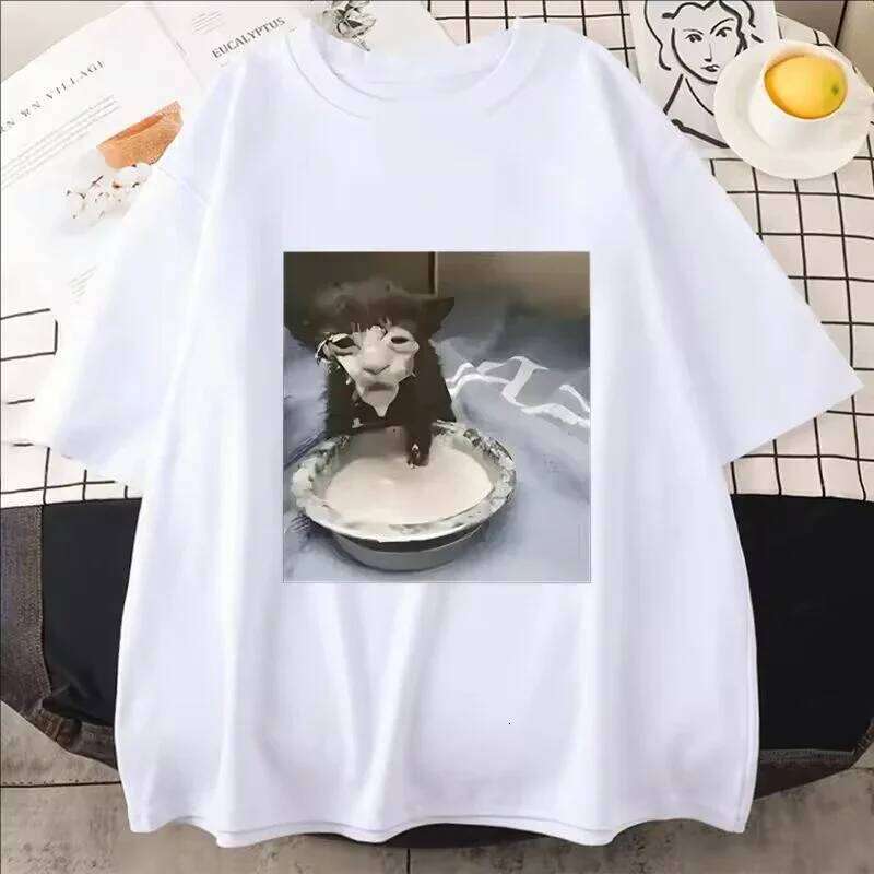 Men Women Milk Face Meme Print T Shirt Humor Funny Cat Graphic T-Shirts Fashion Trend Quality Cotton Oversized Streetwear C260207