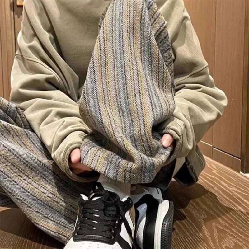 2026 New Men's Striped Woolen Straight Leg Trousers Classic Y2K Vintage Baggy Pants Casual High Street Fashion Gym Sweatpants