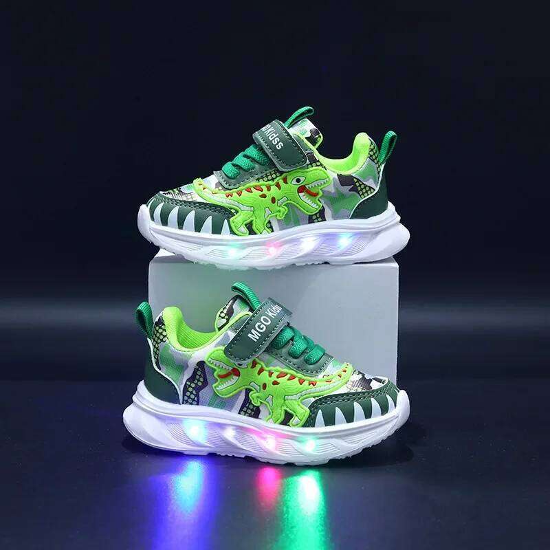 Spring New Sports Cartoon Dinosaur Children's LED Light Shoes Soft Sole Boys' Causal Sneakers 2-6 Years Old H260207 H260305